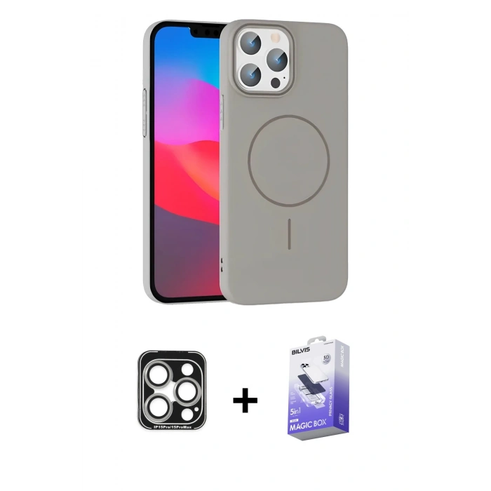 MARSİLYAN™- iPhone 15 Pro Max Kılıf Siluet Doku Özel Seri - Siyah Bilvis 5in1 5D Magic Hayalet Cam Ekran Koruyucu + Gümüş PVD Metal Kamera Lens
