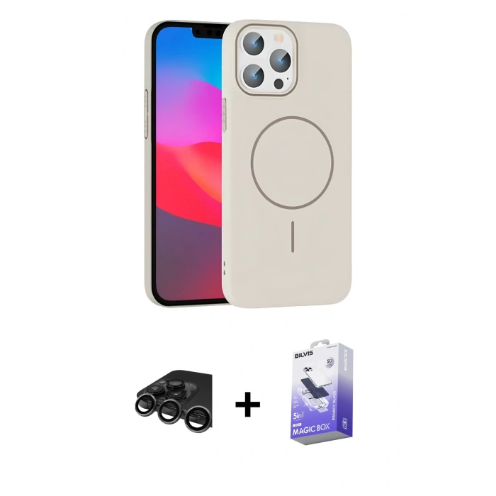 MARSİLYAN™- iPhone 15 Pro Max Kılıf Siluet Doku Özel Seri - Siyah Bilvis 5in1 5D Magic Hayalet Cam Ekran Koruyucu + Titanyum Gri Raze Metal Kamera Lens