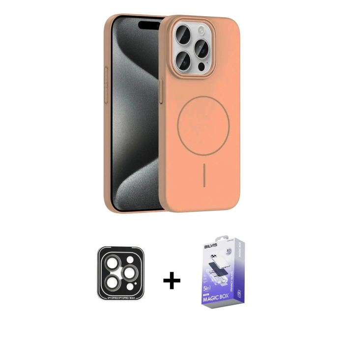 MARSİLYAN™- iPhone 15 Pro Max Kılıf Siluet Doku Özel Seri - Siyah Bilvis 5in1 5D Magic Hayalet Cam Ekran Koruyucu + PVD Metal Kamera Lens - GI