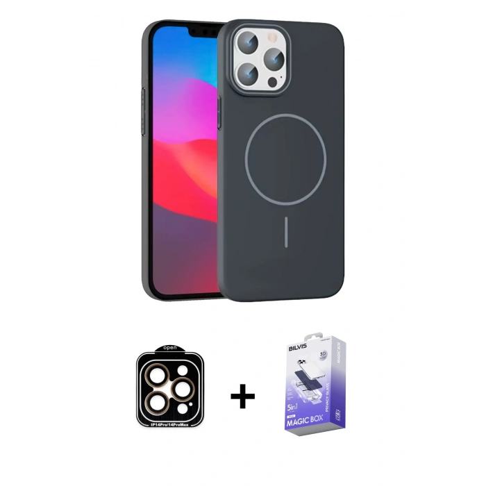 MARSİLYAN™- iPhone 15 Pro Max Kılıf Siluet Doku Özel Seri - Siyah Bilvis 5in1 5D Magic Hayalet Cam Ekran Koruyucu + PVD Metal Kamera Lens - TU