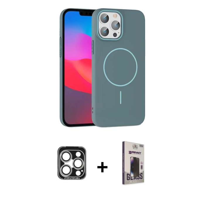 MARSİLYAN™- iPhone 15 Pro Max Kılıf Siluet Doku Özel Seri - Siyah Bilvis Hayalet Cam Ekran Koruyucu + PVD Metal Kamera Lens - GS