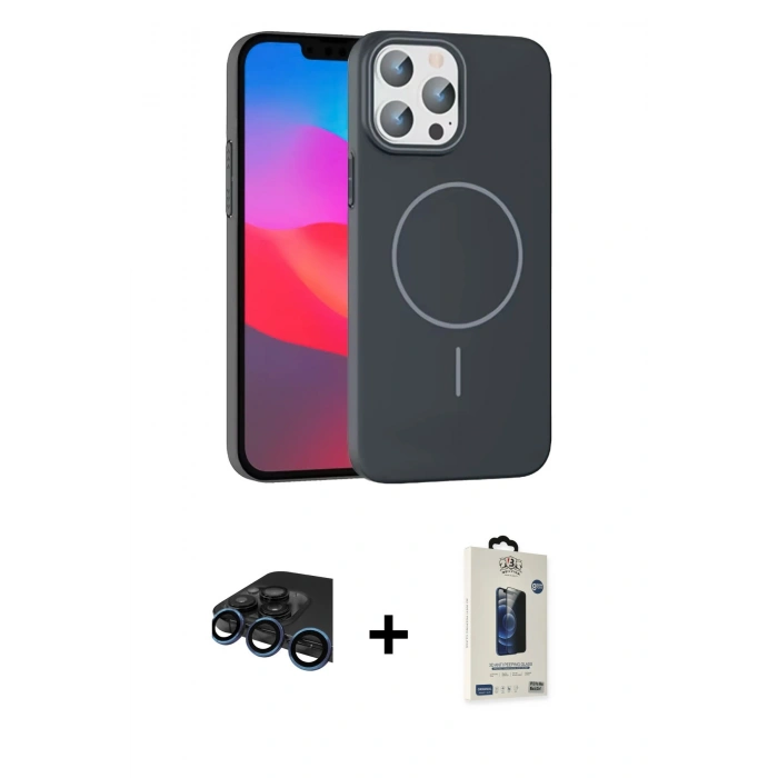 MARSİLYAN™- iPhone 15 Pro Max Kılıf Siluet Doku Özel Seri - Siyah Bilvis Hayalet Cam Ekran Koruyucu + Raze Metal Kamera Lens - LT
