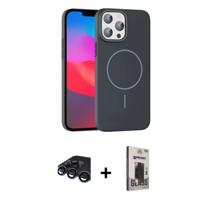 MARSİLYAN™- iPhone 15 Pro Max Kılıf Siluet Doku Özel Seri - Siyah Bilvis Hayalet Cam Ekran Koruyucu + Raze Metal Kamera Lens - LT