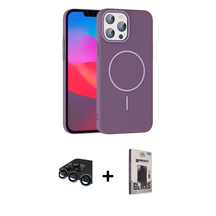 MARSİLYAN™- iPhone 15 Pro Max Kılıf Siluet Doku Özel Seri - Siyah Bilvis Hayalet Cam Ekran Koruyucu + Raze Metal Kamera Lens - LT