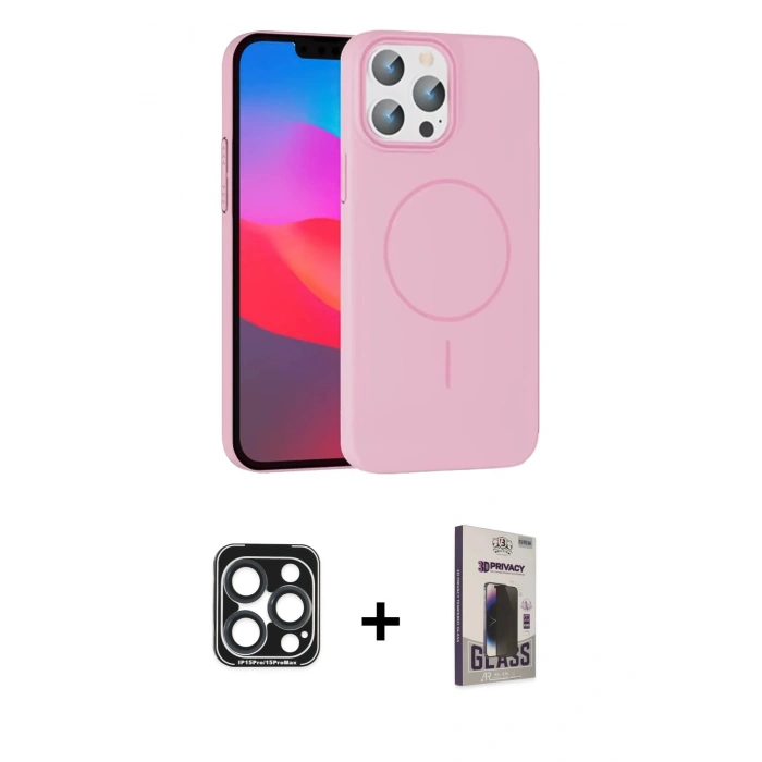 MARSİLYAN™- iPhone 15 Pro Max Kılıf Siluet Doku Özel Seri - Siyah Bilvis Hayalet Cam Ekran Koruyucu + PVD Metal Kamera Lens - LT