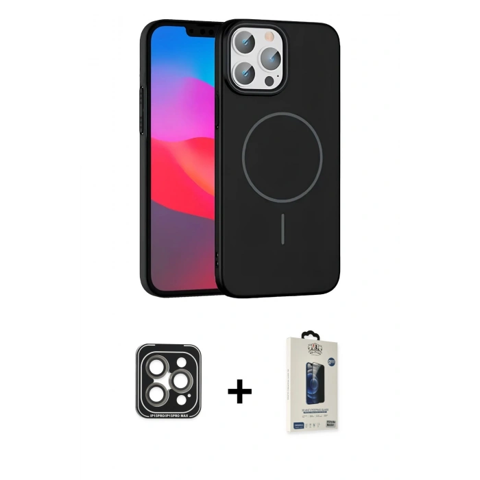 MARSİLYAN™- iPhone 15 Pro Max Kılıf Siluet Doku Özel Seri - Siyah Bilvis Hayalet Cam Ekran Koruyucu + PVD Metal Kamera Lens - GI