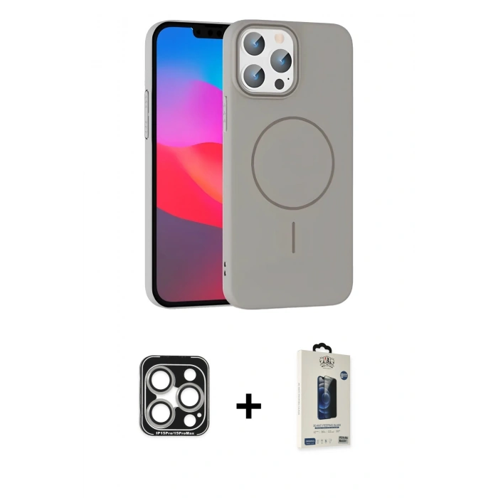 MARSİLYAN™- iPhone 15 Pro Max Kılıf Siluet Doku Özel Seri - Siyah Bilvis Hayalet Cam Ekran Koruyucu + PVD Metal Kamera Lens - GS