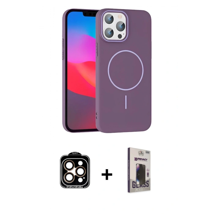 MARSİLYAN™- iPhone 15 Pro Max Kılıf Siluet Doku Özel Seri - Siyah Bilvis Hayalet Cam Ekran Koruyucu + PVD Metal Kamera Lens - TU