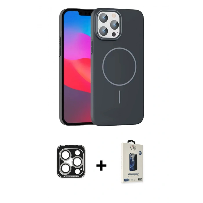 MARSİLYAN™- iPhone 15 Pro Max Kılıf Siluet Doku Özel Seri - Siyah Bilvis Hayalet Cam Ekran Koruyucu + PVD Metal Kamera Lens - GS