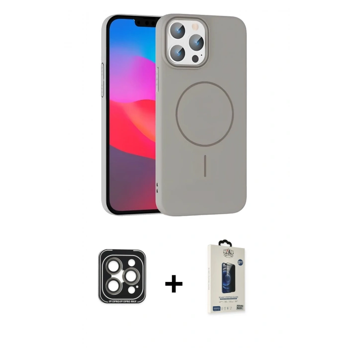 MARSİLYAN™- iPhone 15 Pro Max Kılıf Siluet Doku Özel Seri - Siyah Bilvis Hayalet Cam Ekran Koruyucu + PVD Metal Kamera Lens - GI