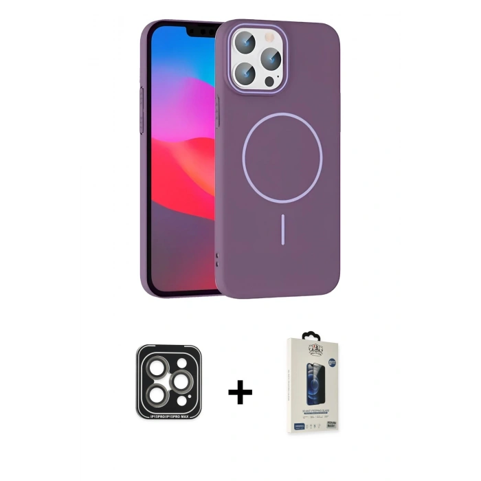 MARSİLYAN™- iPhone 15 Pro Max Kılıf Siluet Doku Özel Seri - Siyah Bilvis Hayalet Cam Ekran Koruyucu + PVD Metal Kamera Lens - GI