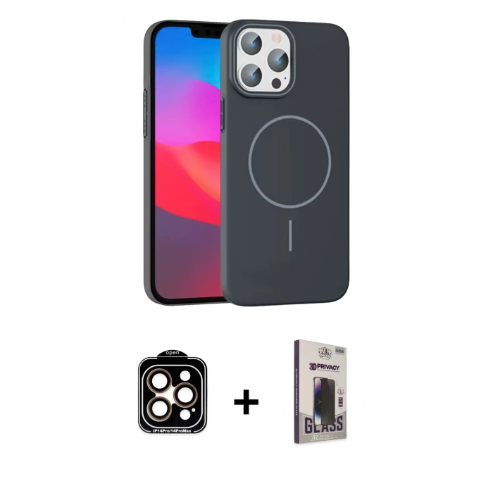 MARSİLYAN™- iPhone 15 Pro Max Kılıf Siluet Doku Özel Seri - Siyah Bilvis Hayalet Cam Ekran Koruyucu + PVD Metal Kamera Lens - TU