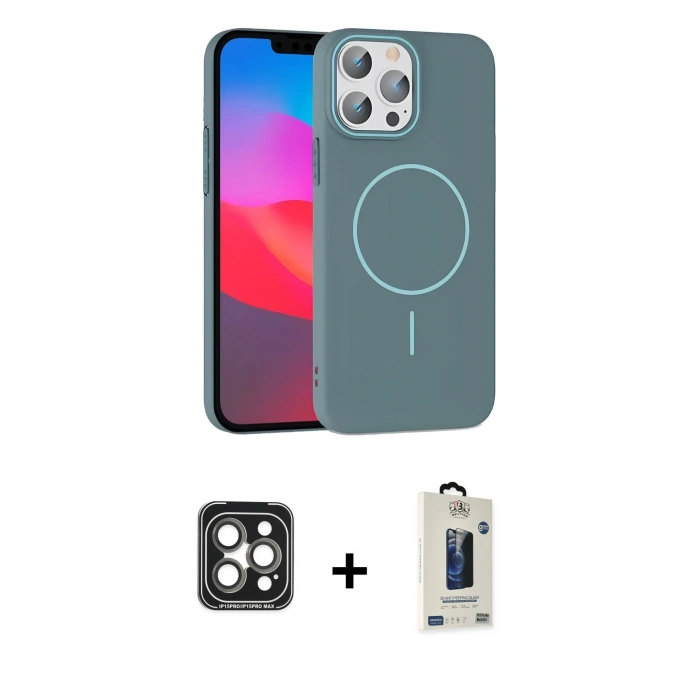 MARSİLYAN™- iPhone 15 Pro Max Kılıf Siluet Doku Özel Seri - Siyah Bilvis Hayalet Cam Ekran Koruyucu + PVD Metal Kamera Lens - GI