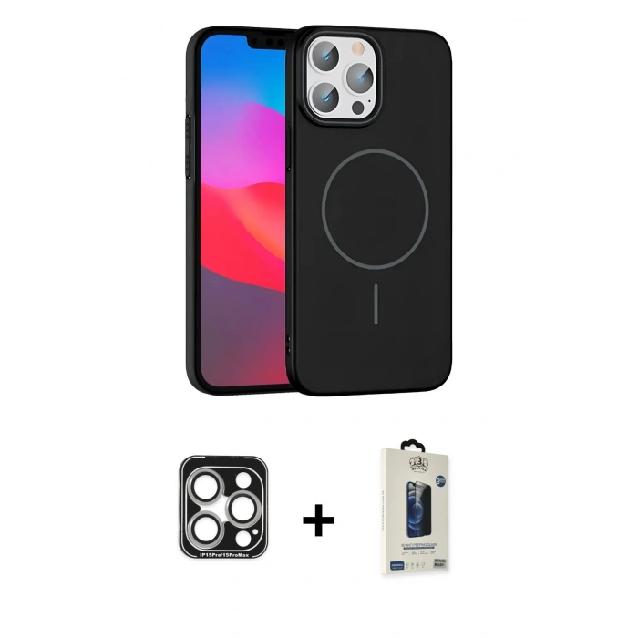 MARSİLYAN™- iPhone 15 Pro Max Kılıf Siluet Doku Özel Seri - Siyah Bilvis Hayalet Cam Ekran Koruyucu + PVD Metal Kamera Lens - GS