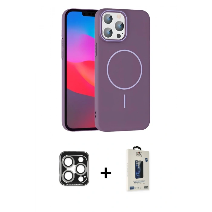 MARSİLYAN™- iPhone 15 Pro Max Kılıf Siluet Doku Özel Seri - Siyah Bilvis Hayalet Cam Ekran Koruyucu + PVD Metal Kamera Lens - GS