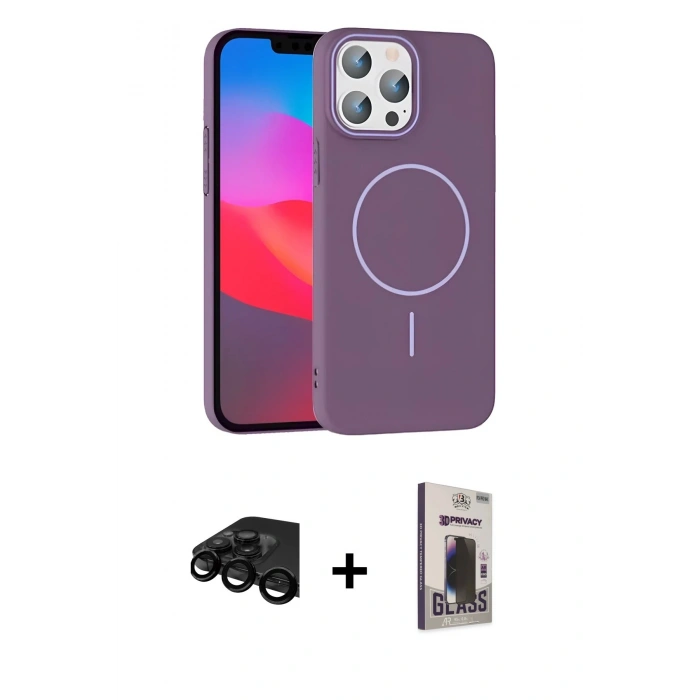 MARSİLYAN™- iPhone 15 Pro Max Kılıf Siluet Doku Özel Seri - Siyah Bilvis Hayalet Cam Ekran Koruyucu + Raze Metal Kamera Lens - SH