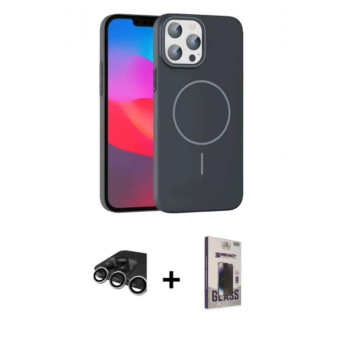 MARSİLYAN™- iPhone 15 Pro Max Kılıf Siluet Doku Özel Seri - Siyah Bilvis Hayalet Cam Ekran Koruyucu + Raze Metal Kamera Lens - GS