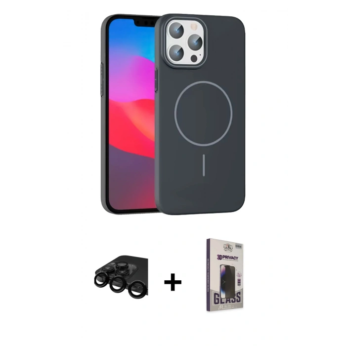 MARSİLYAN™- iPhone 15 Pro Max Kılıf Siluet Doku Özel Seri - Siyah Bilvis Hayalet Cam Ekran Koruyucu + Raze Metal Kamera Lens - SH