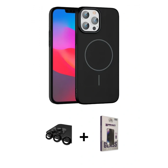 MARSİLYAN™- iPhone 15 Pro Max Kılıf Siluet Doku Özel Seri - Siyah Bilvis Hayalet Cam Ekran Koruyucu + Raze Metal Kamera Lens - SH