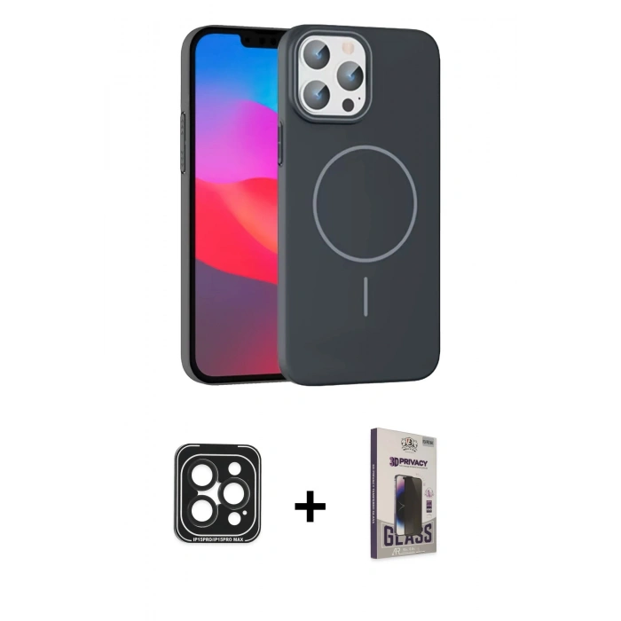 MARSİLYAN™- iPhone 15 Pro Max Kılıf Siluet Doku Özel Seri - Siyah Bilvis Hayalet Cam Ekran Koruyucu + PVD Metal Kamera Lens - SH