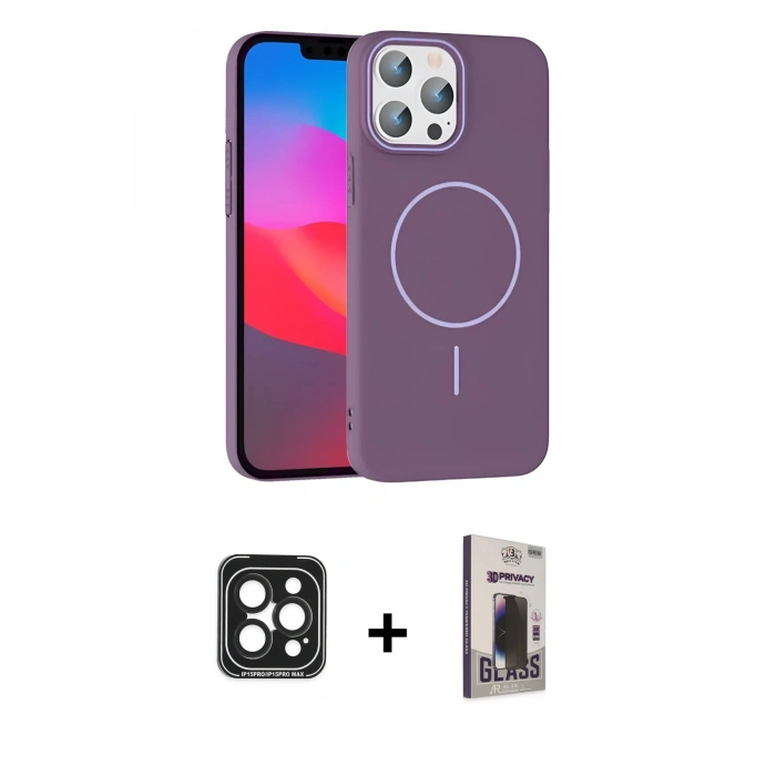 MARSİLYAN™- iPhone 15 Pro Max Kılıf Siluet Doku Özel Seri - Siyah Bilvis Hayalet Cam Ekran Koruyucu + PVD Metal Kamera Lens - SH