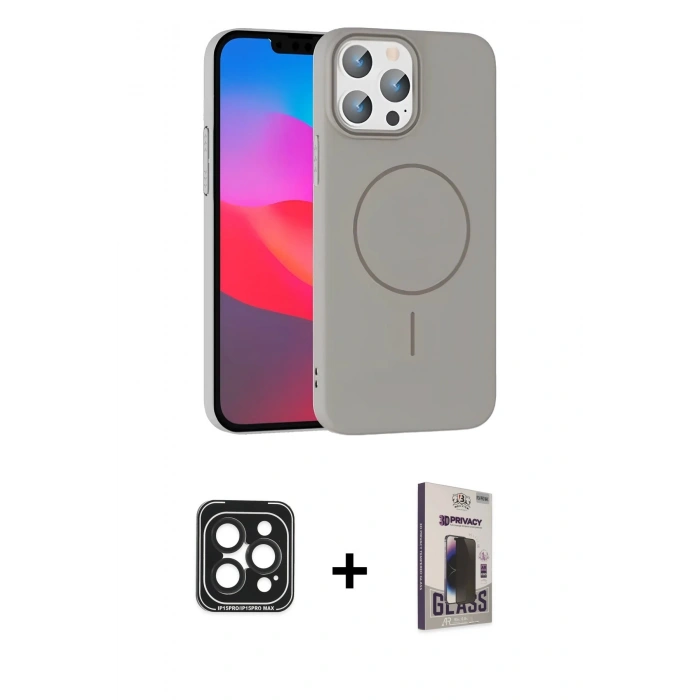 MARSİLYAN™- iPhone 15 Pro Max Kılıf Siluet Doku Özel Seri - Siyah Bilvis Hayalet Cam Ekran Koruyucu + PVD Metal Kamera Lens - SH