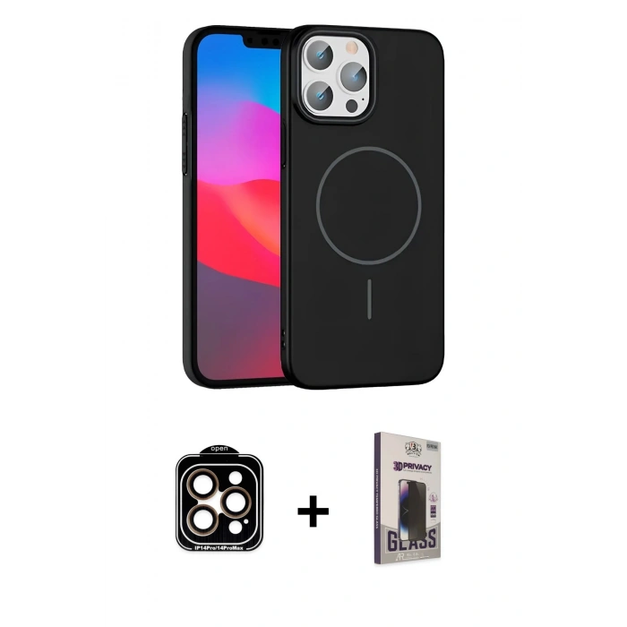 MARSİLYAN™- iPhone 15 Pro Max Kılıf Siluet Doku Özel Seri - Siyah Bilvis Hayalet Cam Ekran Koruyucu + PVD Metal Kamera Lens - TU