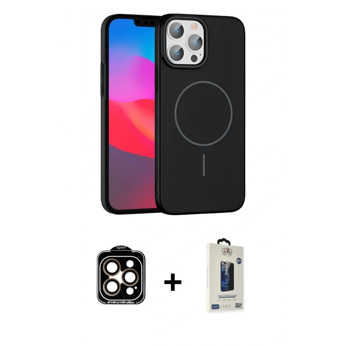 MARSİLYAN™- iPhone 15 Pro Max Kılıf Siluet Doku Özel Seri - Siyah Bilvis Hayalet Cam Ekran Koruyucu + PVD Metal Kamera Lens - TU