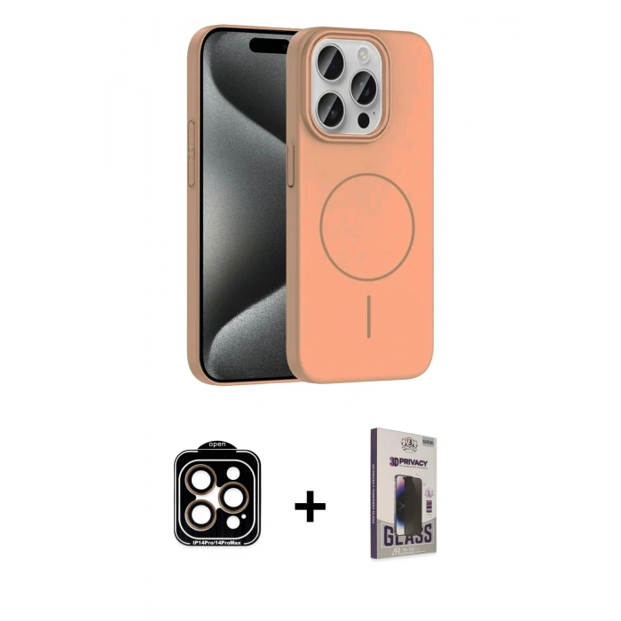 MARSİLYAN™- iPhone 15 Pro Max Kılıf Siluet Doku Özel Seri - Siyah Bilvis Hayalet Cam Ekran Koruyucu + PVD Metal Kamera Lens - TU