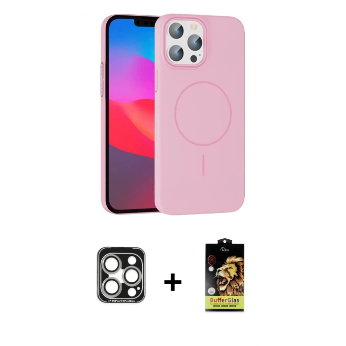 MARSİLYAN™- iPhone 15 Pro Max Kılıf Siluet Doku Özel Seri - Siyah Buffer Cam Ekran Koruyucu + PVD Metal Kamera Lens - GS