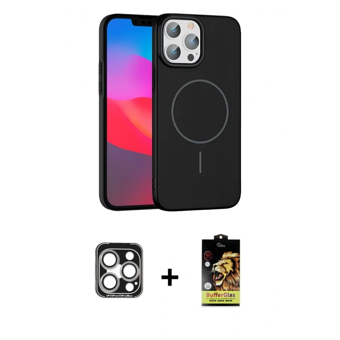 MARSİLYAN™- iPhone 15 Pro Max Kılıf Siluet Doku Özel Seri - Siyah Buffer Cam Ekran Koruyucu + PVD Metal Kamera Lens - GS