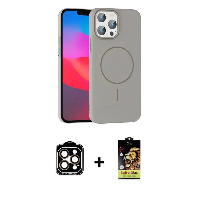 MARSİLYAN™- iPhone 15 Pro Max Kılıf Siluet Doku Özel Seri - Siyah Buffer Cam Ekran Koruyucu + PVD Metal Kamera Lens - TU