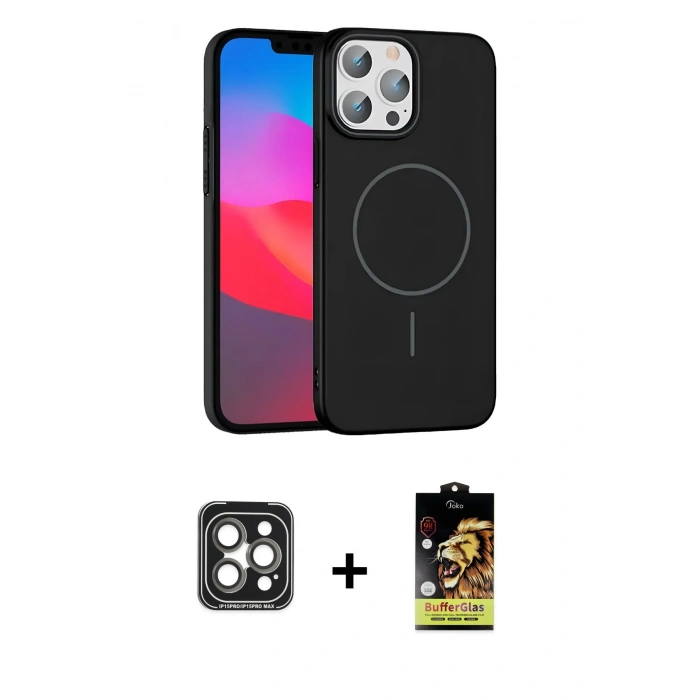 MARSİLYAN™- iPhone 15 Pro Max Kılıf Siluet Doku Özel Seri - Siyah Buffer Cam Ekran Koruyucu + PVD Metal Kamera Lens - GI