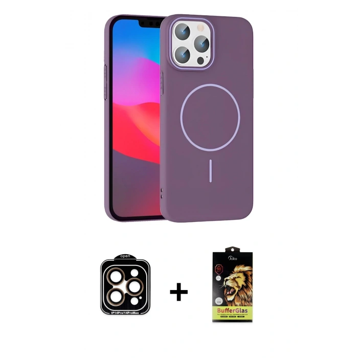 MARSİLYAN™- iPhone 15 Pro Max Kılıf Siluet Doku Özel Seri - Siyah Buffer Cam Ekran Koruyucu + PVD Metal Kamera Lens - TU