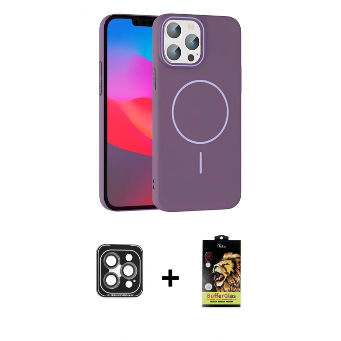 MARSİLYAN™- iPhone 15 Pro Max Kılıf Siluet Doku Özel Seri - Siyah Buffer Cam Ekran Koruyucu + PVD Metal Kamera Lens - GI