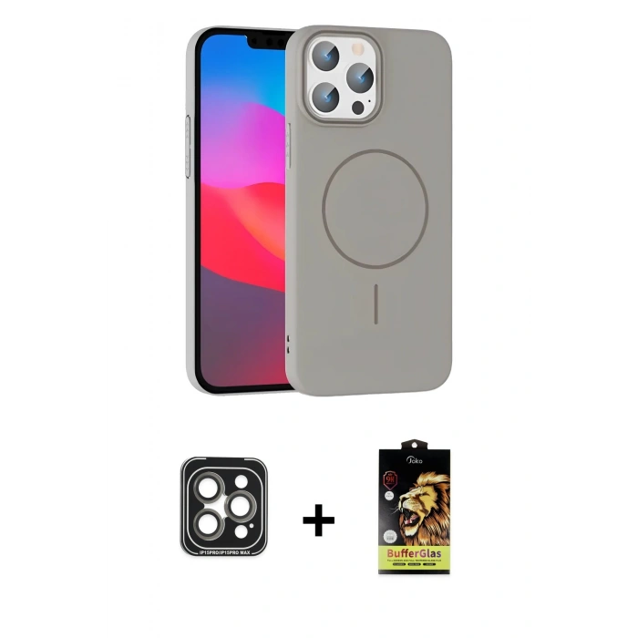 MARSİLYAN™- iPhone 15 Pro Max Kılıf Siluet Doku Özel Seri - Siyah Buffer Cam Ekran Koruyucu + PVD Metal Kamera Lens - GI