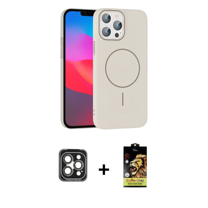 MARSİLYAN™- iPhone 15 Pro Max Kılıf Siluet Doku Özel Seri - Siyah Buffer Cam Ekran Koruyucu + PVD Metal Kamera Lens - GI