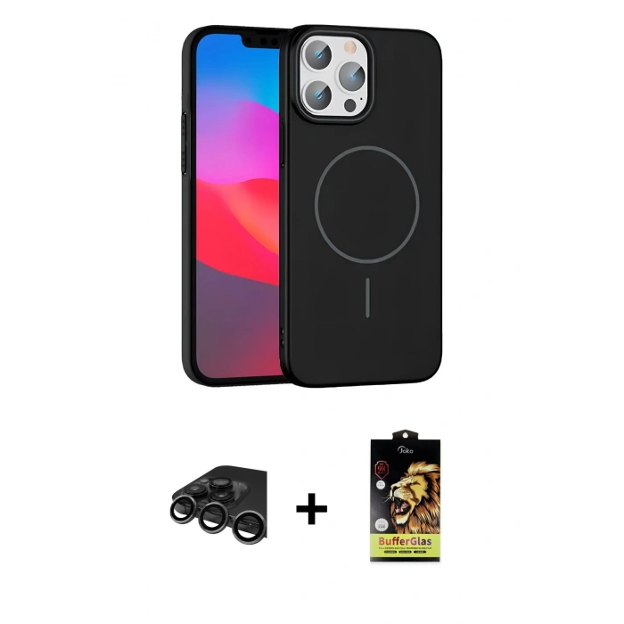 MARSİLYAN™- iPhone 15 Pro Max Kılıf Siluet Doku Özel Seri - Siyah Buffer Cam Ekran Koruyucu + Raze Metal Kamera Lens - TMGI