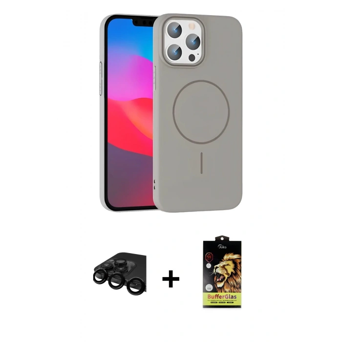 MARSİLYAN™- iPhone 15 Pro Max Kılıf Siluet Doku Özel Seri - Siyah Buffer Cam Ekran Koruyucu + Raze Metal Kamera Lens - SH