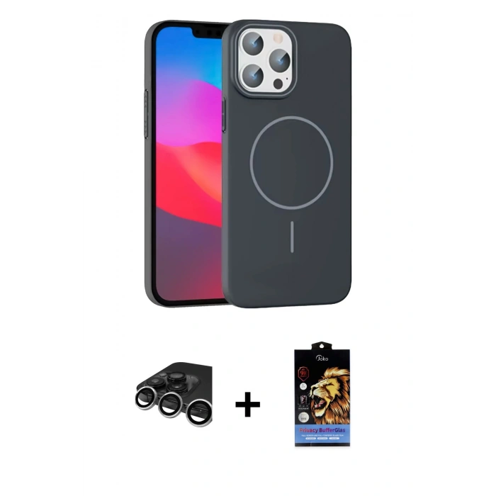 MARSİLYAN™- iPhone 15 Pro Max Kılıf Siluet Doku Özel Seri - Siyah Buffer Hayalet Cam Ekran Koruyucu + Raze Metal Kamera Lens - GS