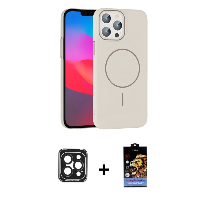 MARSİLYAN™- iPhone 15 Pro Max Kılıf Siluet Doku Özel Seri - Siyah Buffer Hayalet Cam Ekran Koruyucu + PVD Metal Kamera Lens - SH