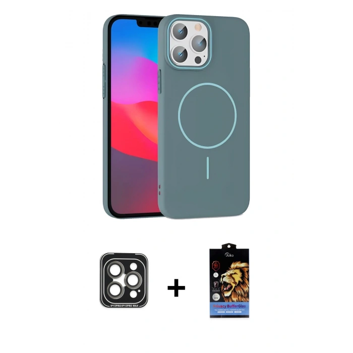 MARSİLYAN™- iPhone 15 Pro Max Kılıf Siluet Doku Özel Seri - Siyah Buffer Hayalet Cam Ekran Koruyucu + PVD Metal Kamera Lens - GI