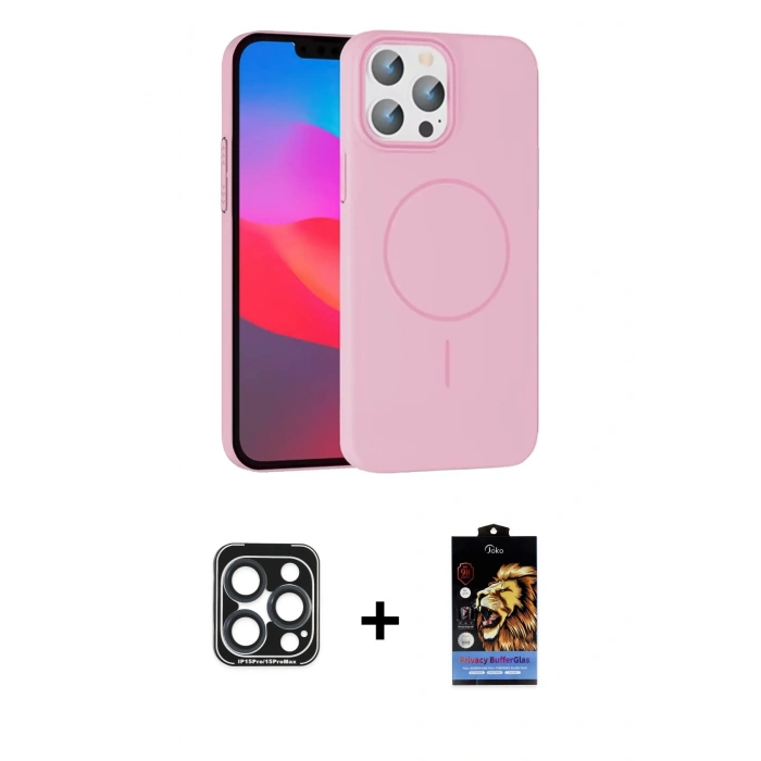 MARSİLYAN™- iPhone 15 Pro Max Kılıf Siluet Doku Özel Seri - Siyah Buffer Hayalet Cam Ekran Koruyucu + PVD Metal Kamera Lens - LT