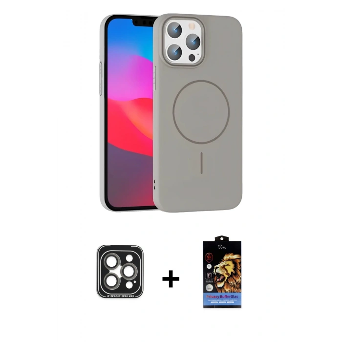 MARSİLYAN™- iPhone 15 Pro Max Kılıf Siluet Doku Özel Seri - Siyah Buffer Hayalet Cam Ekran Koruyucu + PVD Metal Kamera Lens - GI