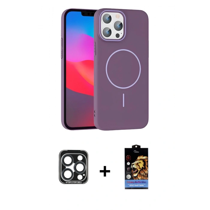 MARSİLYAN™- iPhone 15 Pro Max Kılıf Siluet Doku Özel Seri - Siyah Buffer Hayalet Cam Ekran Koruyucu + PVD Metal Kamera Lens - LT