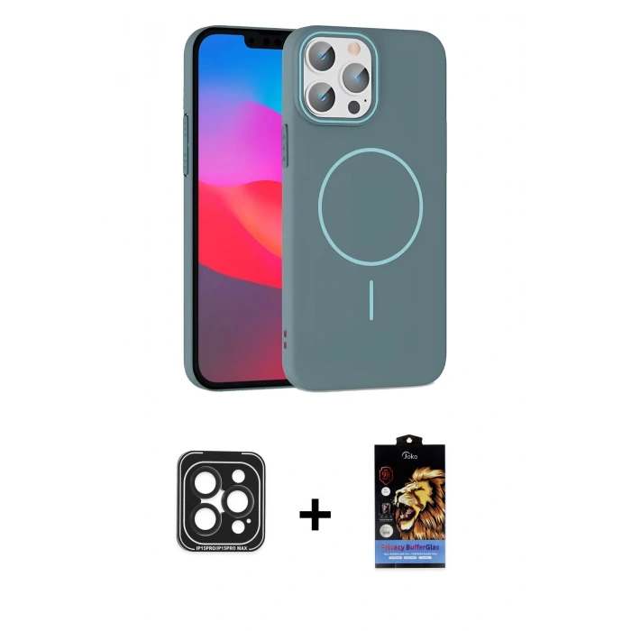 MARSİLYAN™- iPhone 15 Pro Max Kılıf Siluet Doku Özel Seri - Siyah Buffer Hayalet Cam Ekran Koruyucu + PVD Metal Kamera Lens - SH