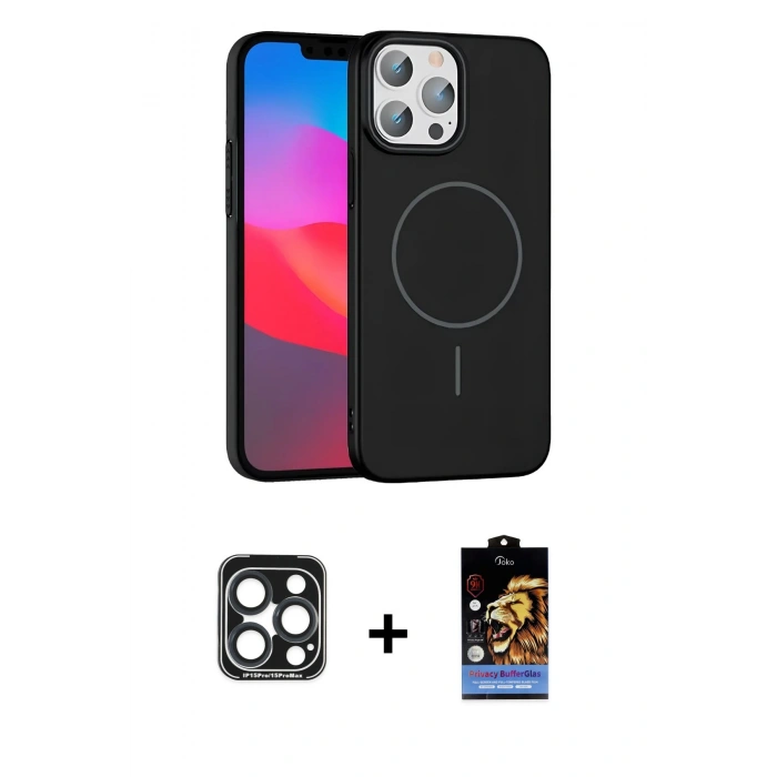 MARSİLYAN™- iPhone 15 Pro Max Kılıf Siluet Doku Özel Seri - Siyah Buffer Hayalet Cam Ekran Koruyucu + PVD Metal Kamera Lens - LT