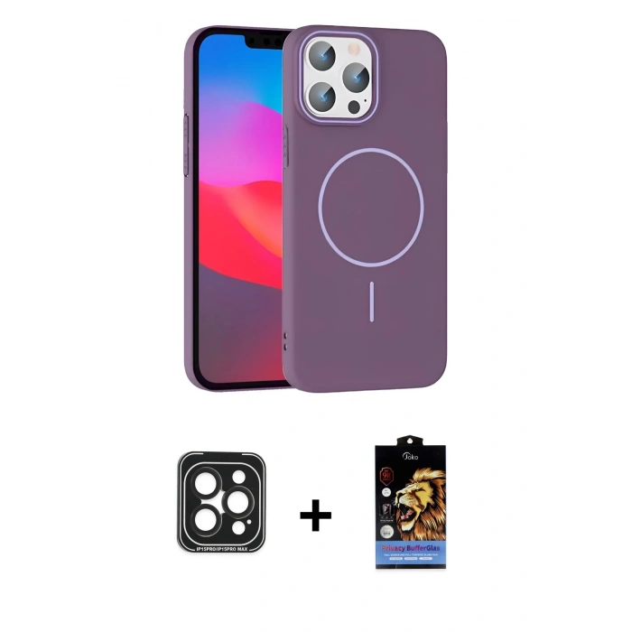 MARSİLYAN™- iPhone 15 Pro Max Kılıf Siluet Doku Özel Seri - Siyah Buffer Hayalet Cam Ekran Koruyucu + PVD Metal Kamera Lens - SH