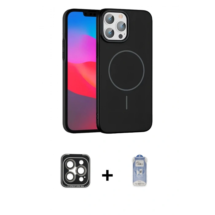 MARSİLYAN™- iPhone 15 Pro Max Kılıf Siluet Doku Özel Seri - Siyah Joko Magic 5D Cam + PVD Metal Kamera Lens - GI