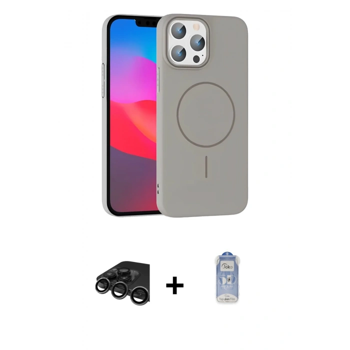 MARSİLYAN™- iPhone 15 Pro Max Kılıf Siluet Doku Özel Seri - Siyah Joko Magic 5D Cam + Titanyum Gri Raze Metal Kamera Lens